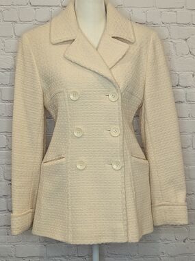 Moda International Cream Double-Breasted Textured Pea Coat
